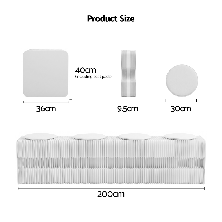 Foldable bench dimensions diagram with seat pads