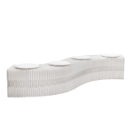 Sculptural white ribbed bench with round cushions