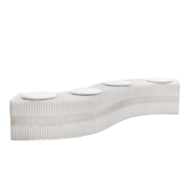 Sculptural white ribbed bench with round cushions