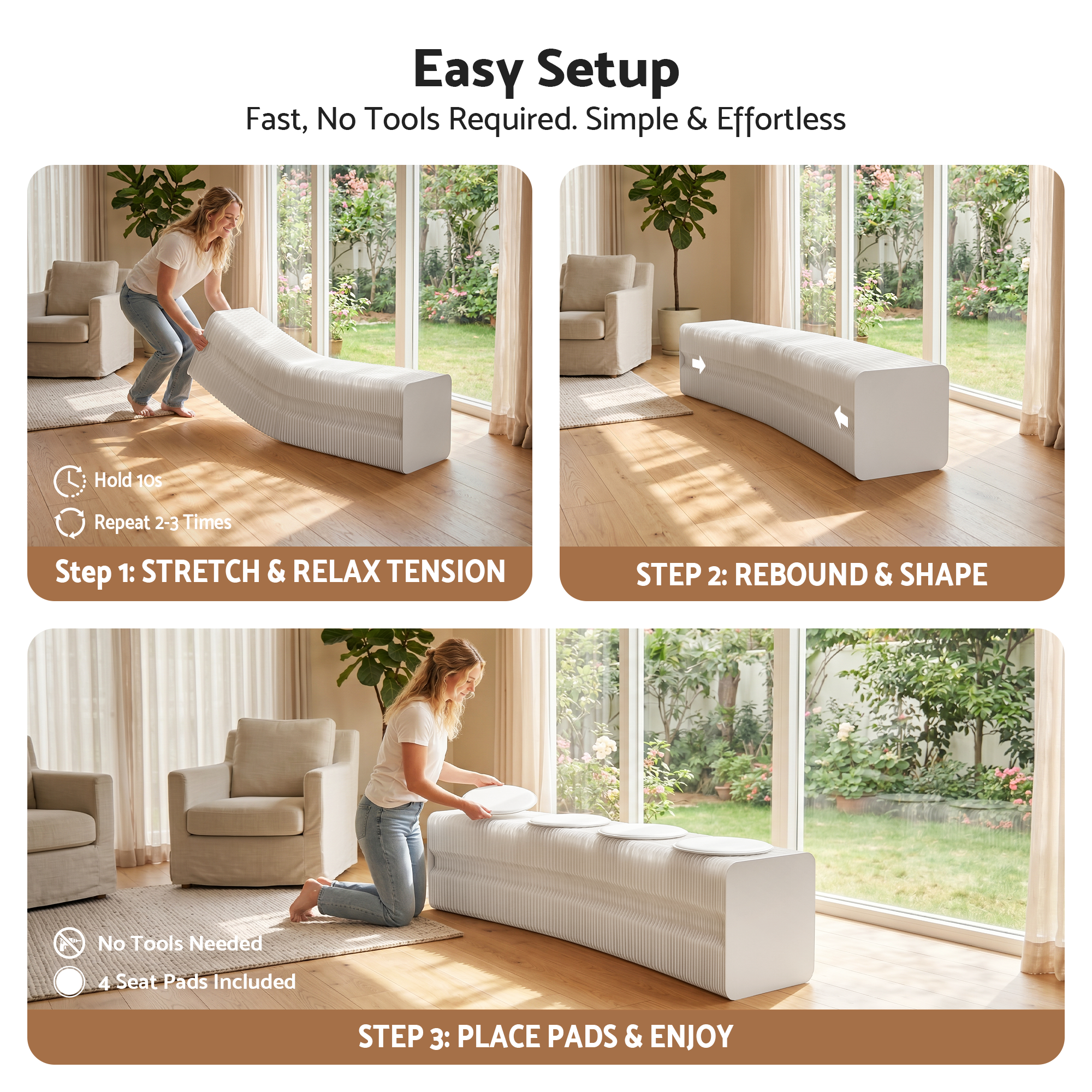 Woman setting up modular bench indoors