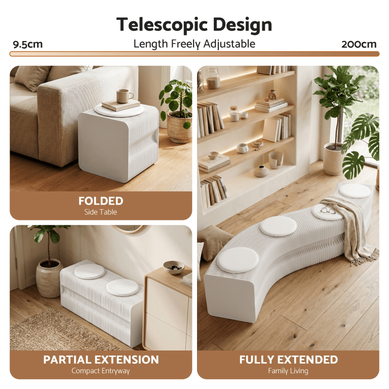 Adjustable telescopic table from side table to bench