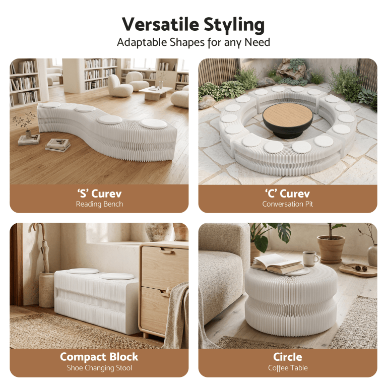 Modular white seating in multiple curved configurations