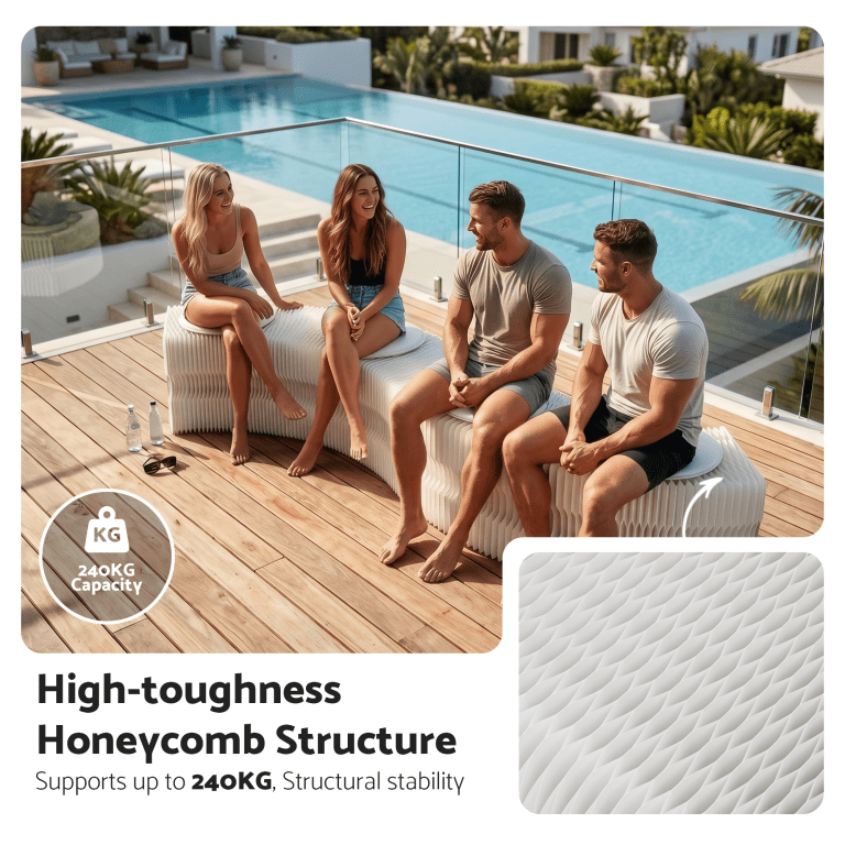 Four adults sitting on bench by pool
