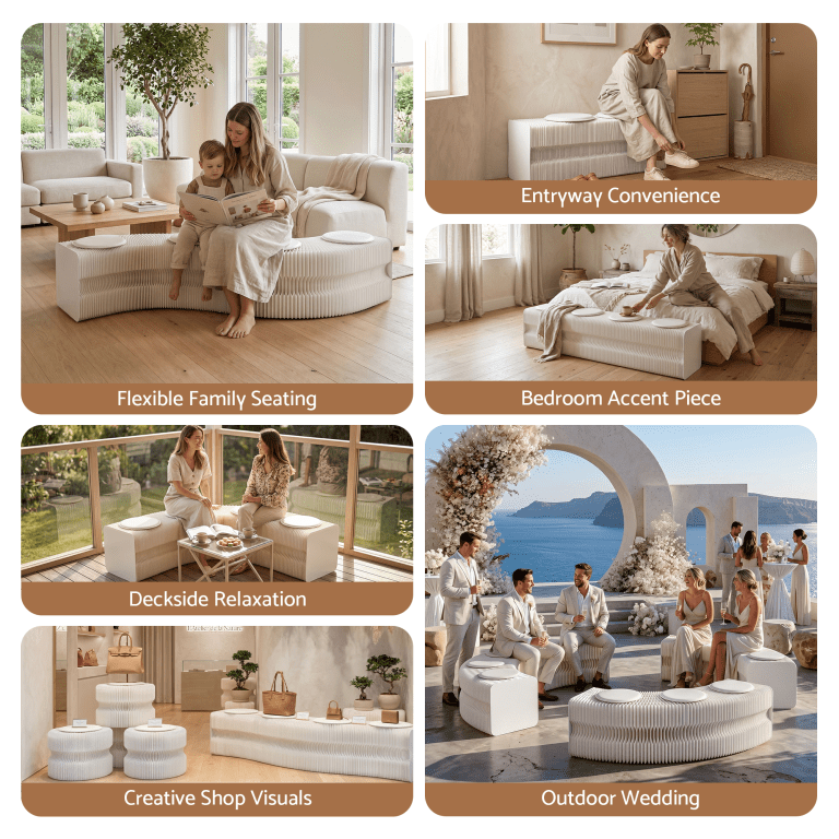 Modular white bench in various stylish settings