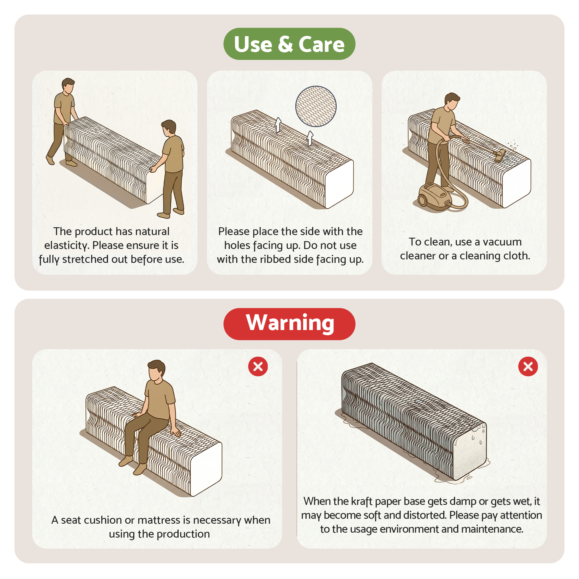 Use and care instructions for honeycomb paper bench