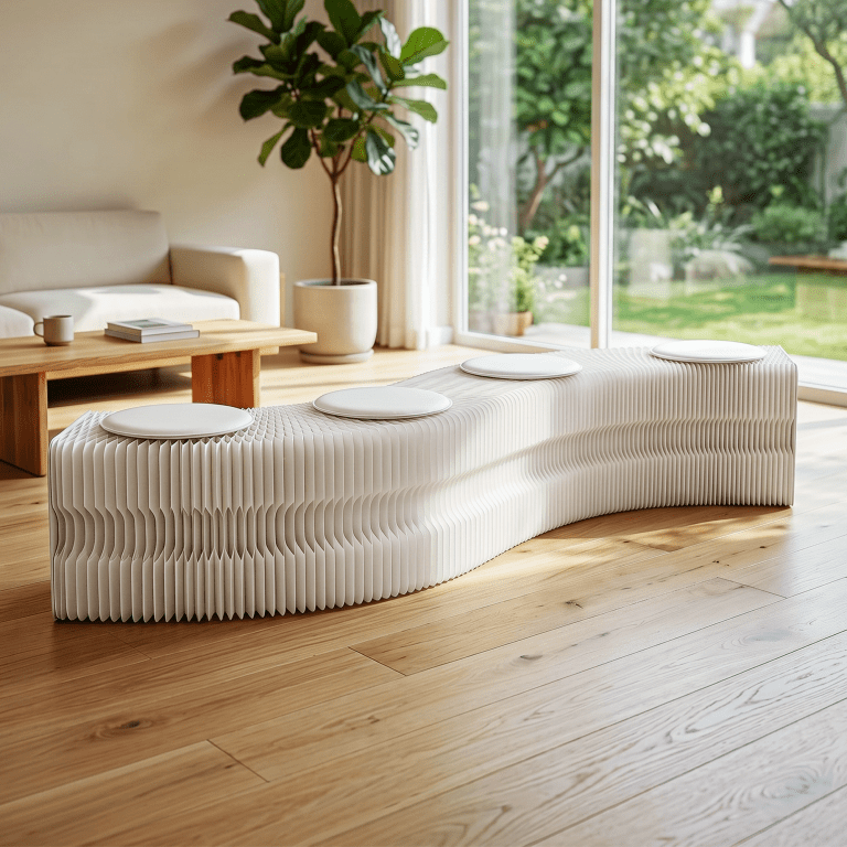Modern living room with sculptural white bench