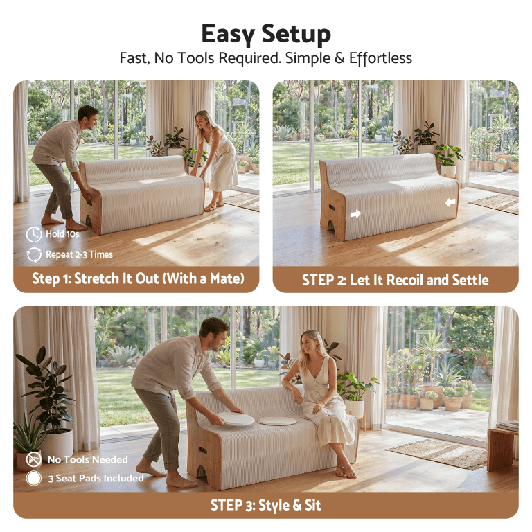 Couple setting up foldable sofa indoors