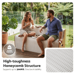 Couple sitting on durable outdoor bench in garden