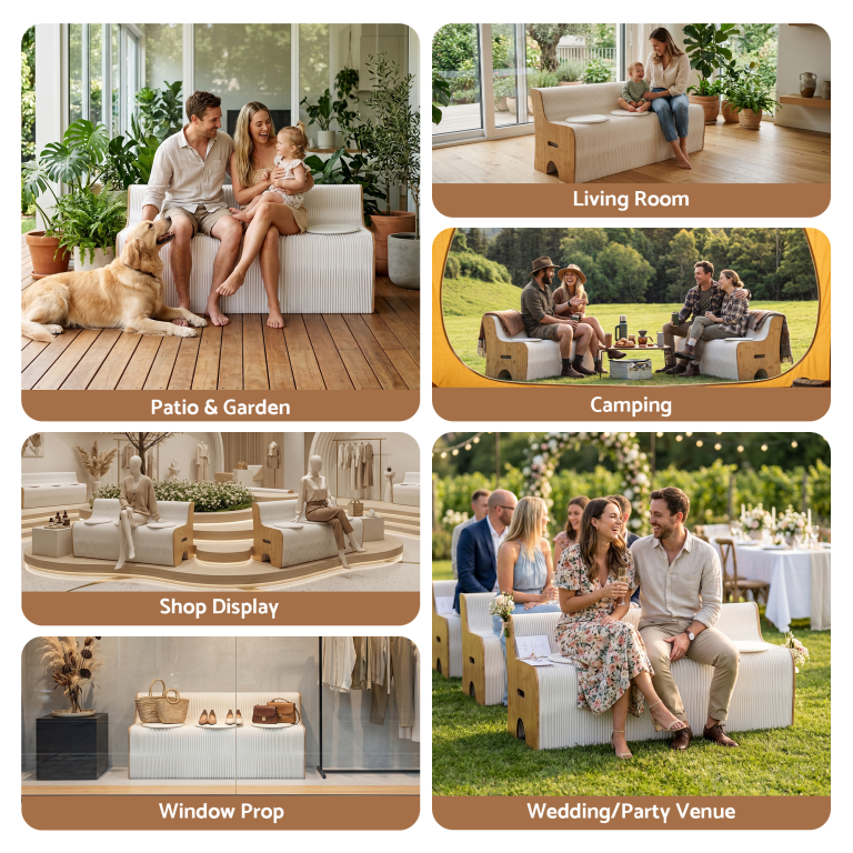 Modular bench seating across indoor and outdoor settings