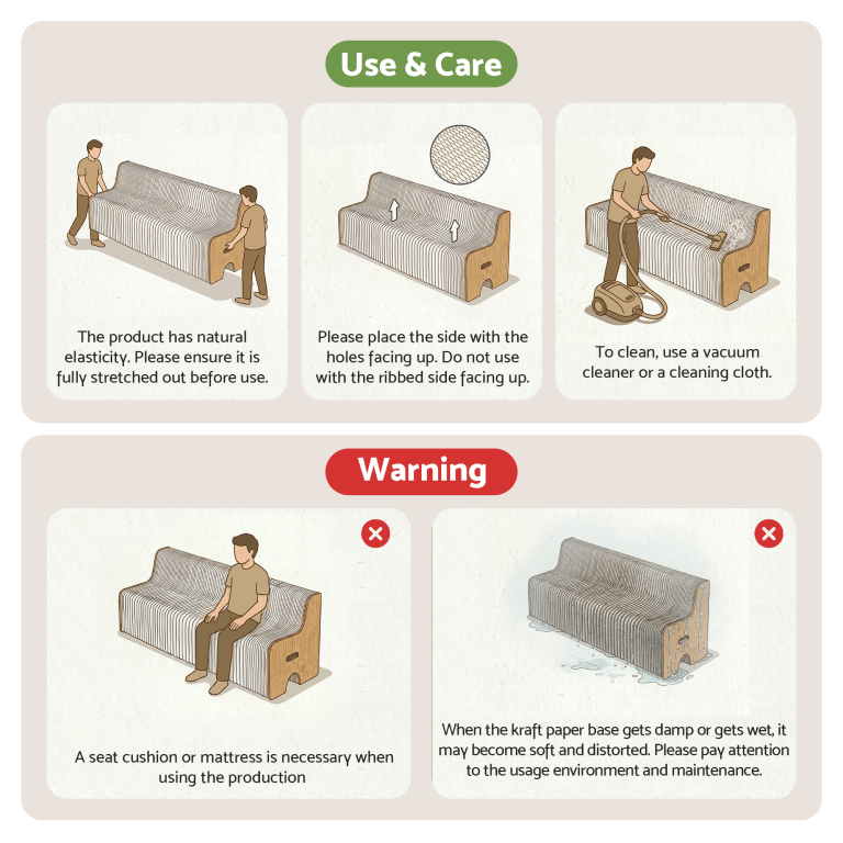 Illustrated care instructions for cardboard bench seating