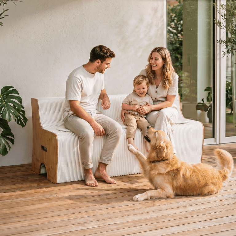 Family with toddler playing with golden retriever indoors