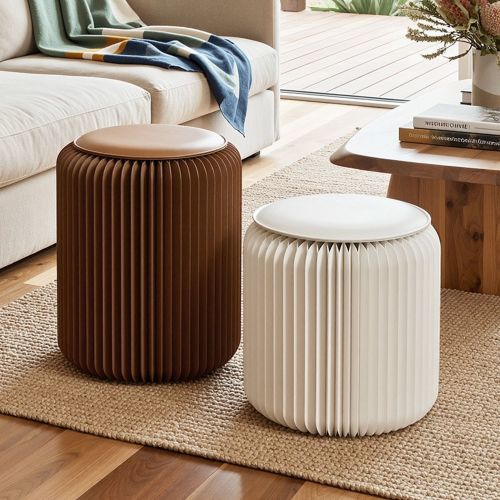 paper stool 2pc whbr 00.jpg Two ribbed cylindrical stools in modern living room