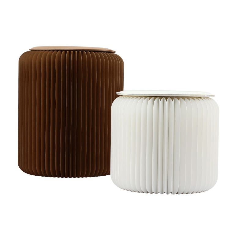 Brown and white pleated cylindrical ottomans