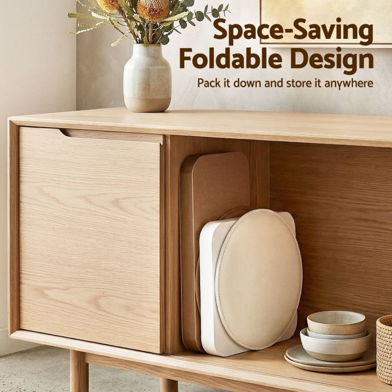 Foldable trays stored in wooden cabinet
