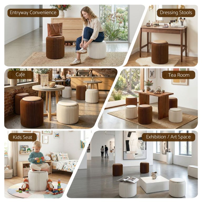 Pleated round stools in various interior settings