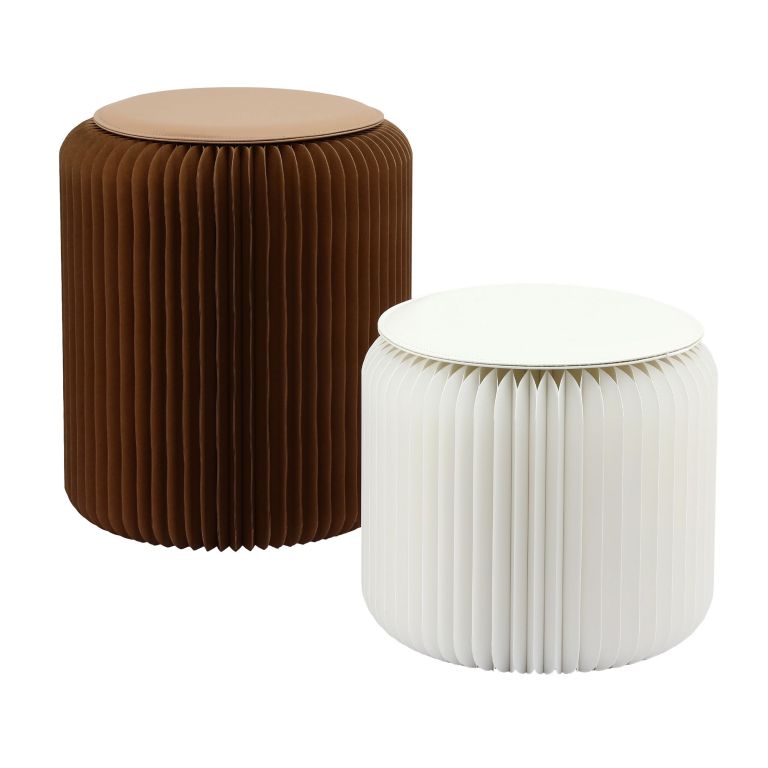 Pleated cylindrical stools in brown and white