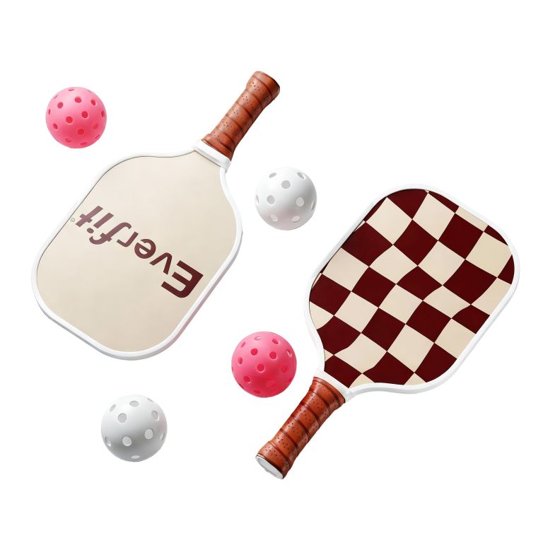 everfit pickleball paddle set fibreglass racquet honeycomb core with bag brown Pickleball paddles and perforated balls on light background