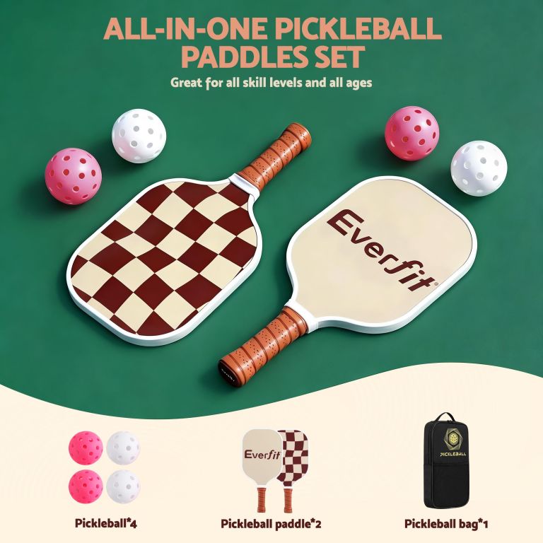 everfit pickleball paddle set fibreglass racquet honeycomb core with bag brown All-in-one pickleball paddles set with balls and bag
