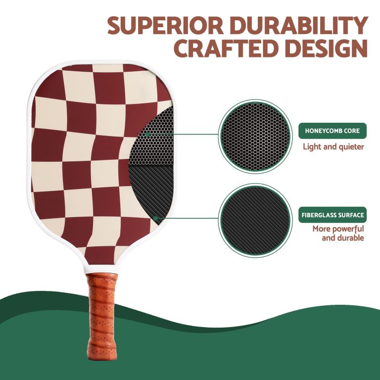 everfit pickleball paddle set fibreglass racquet honeycomb core with bag brown Checkered pickleball paddle with honeycomb core detail