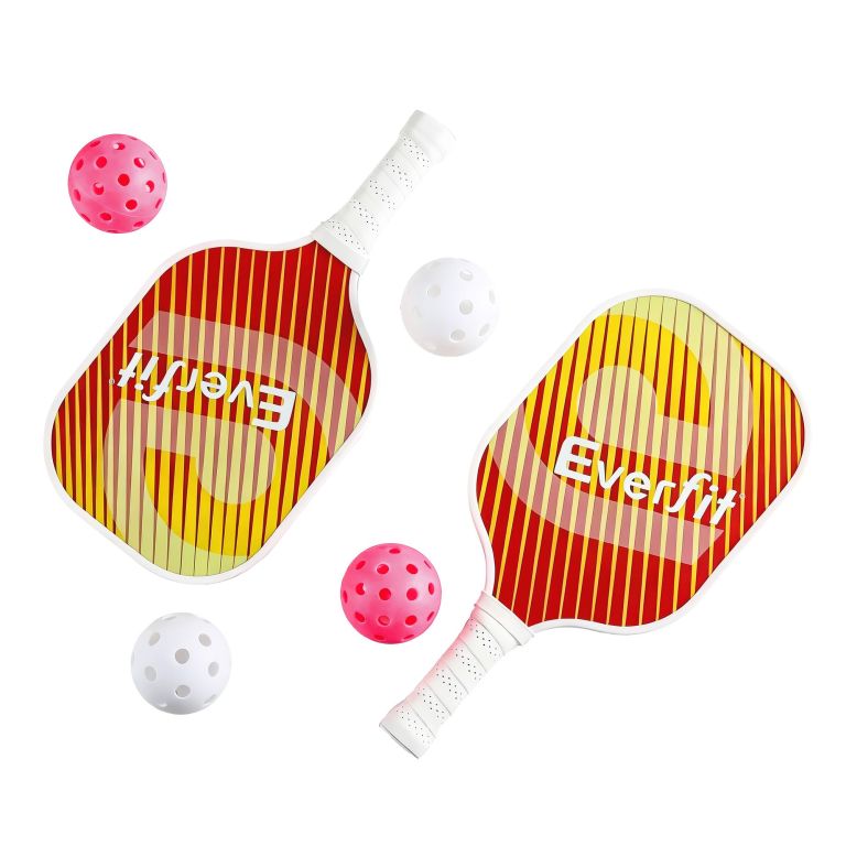 everfit pickleball paddle set fibreglass racquet honeycomb core with bag orange Two pickleball paddles with balls on white background