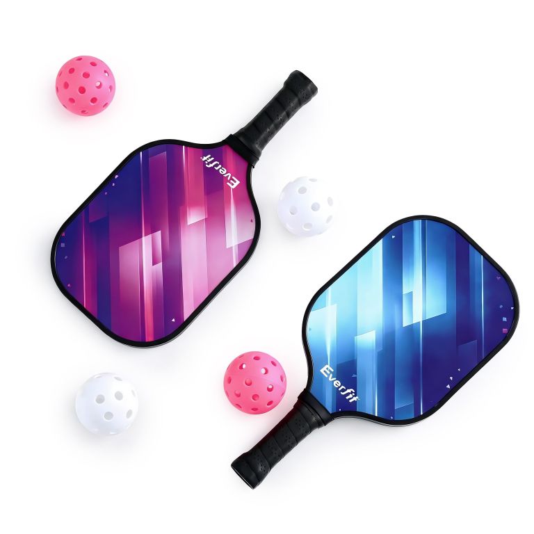 everfit pickleball paddle set fibreglass racquet honeycomb core with bag Two colourful pickleball paddles with balls
