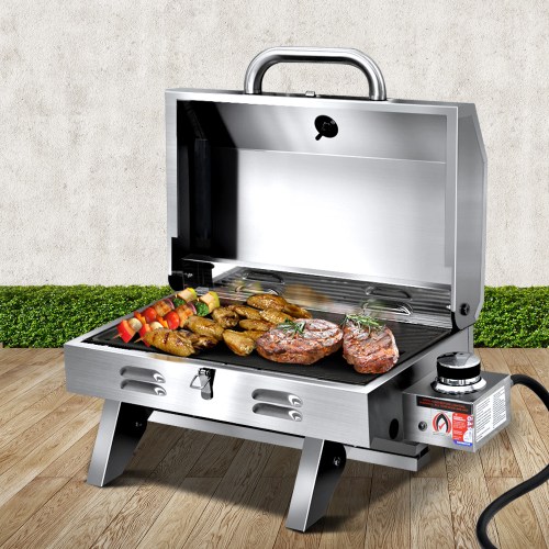 pgb 1b hp ss ab 202502281648 00.jpg Portable stainless steel gas barbecue with steaks and skewers