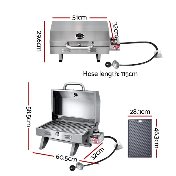 Portable stainless steel gas barbecue with dimensions