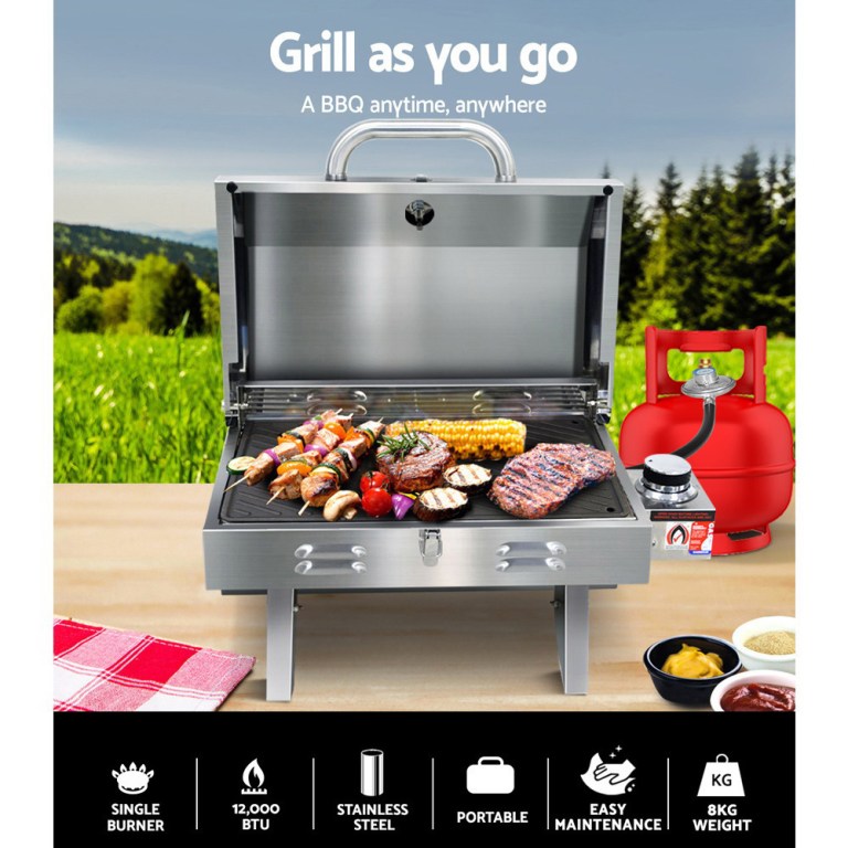 grillz portable gas bbq grill with double sided plate Portable stainless steel BBQ grill with food outdoors