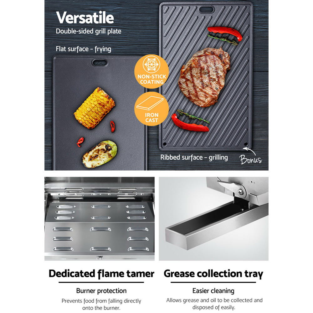 Double-sided cast iron grill plate with accessories