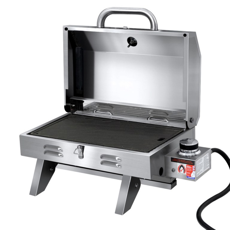 grillz portable gas bbq grill with double sided plate Portable stainless steel gas barbecue grill with open lid