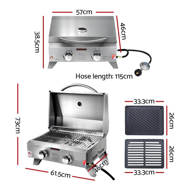 grillz portable gas bbq grill 2 burners with 2 plates Stainless steel two-burner gas barbecue with dimensions