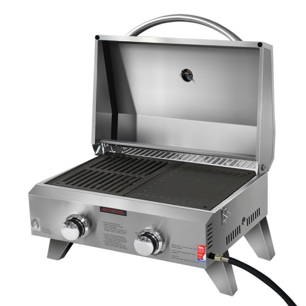 grillz portable gas bbq grill 2 burners with 2 plates Stainless steel portable gas barbecue with open lid
