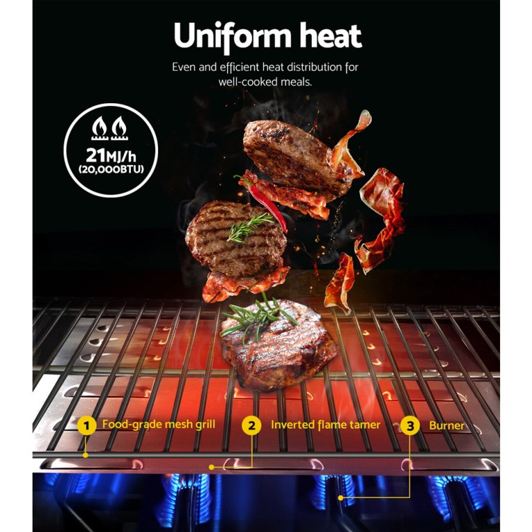 Steaks grilling over high-heat gas barbecue