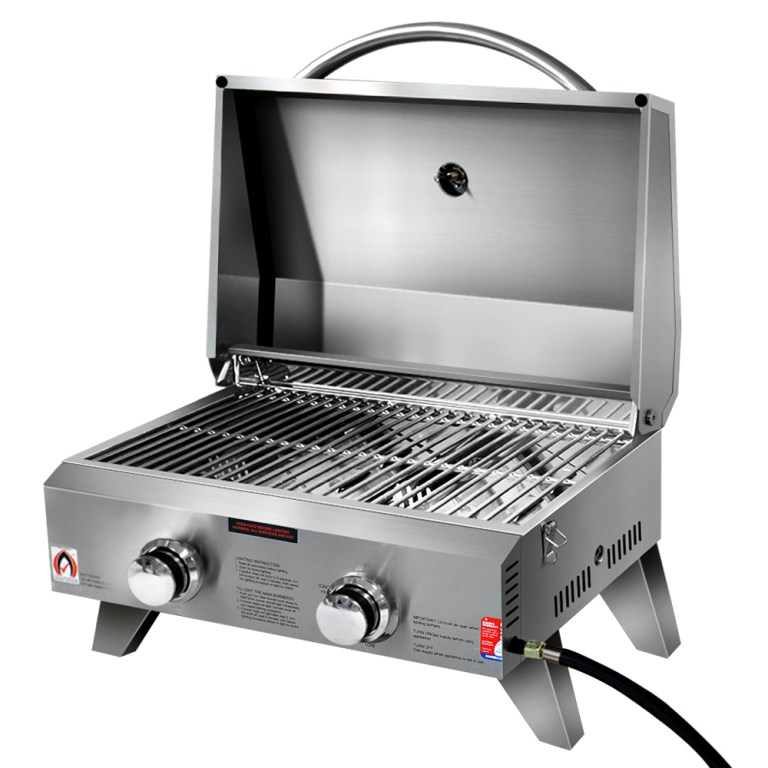 Stainless steel gas barbecue grill with open lid