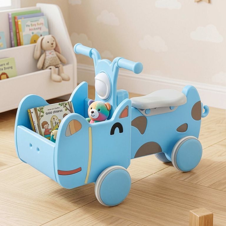 Blue ride-on toy with books and teddy bear