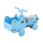 Blue cow-shaped ride-on toy with handlebars