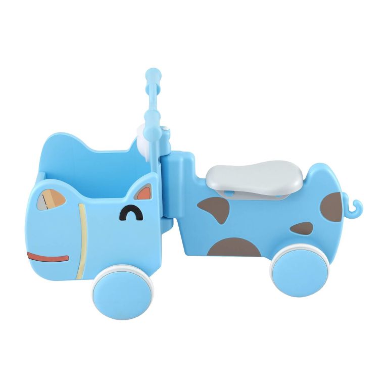 Blue cow-shaped children's ride-on toy with wheels