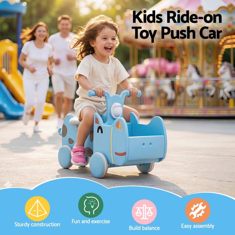 Child riding blue push car at park
