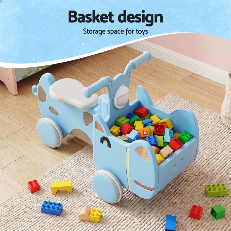 Blue ride-on toy with storage basket