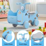 Blue animal-themed toddler ride-on toy indoors
