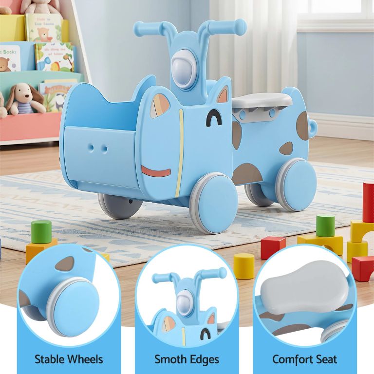 Blue animal-themed toddler ride-on toy indoors