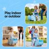 Children riding blue toy indoors and outdoors