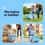 Children riding blue toy indoors and outdoors
