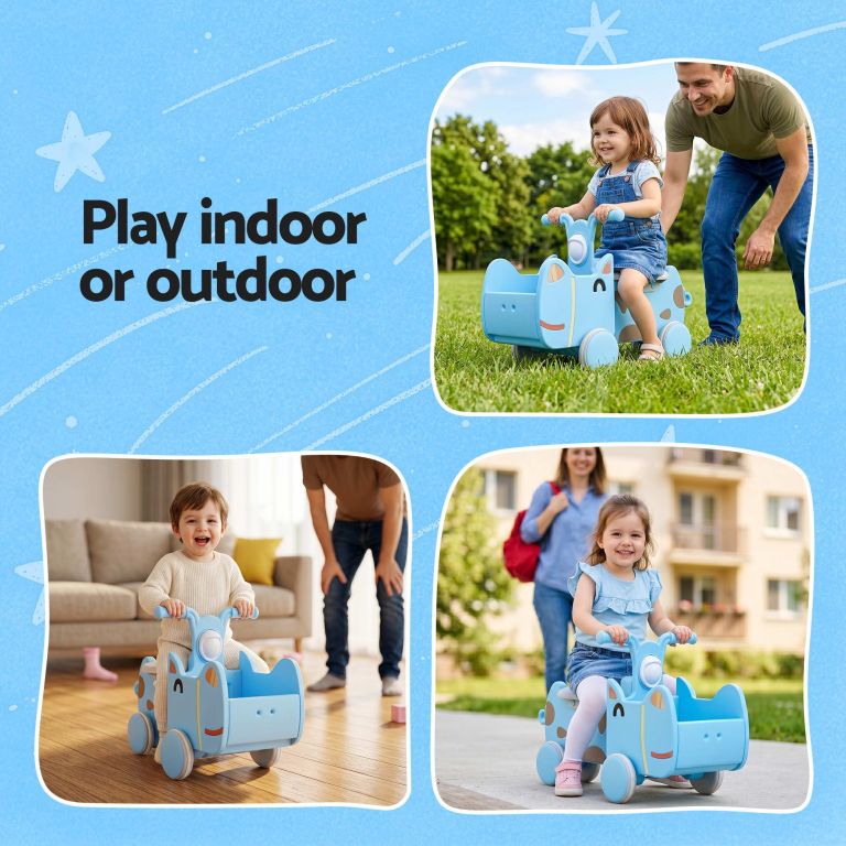 Children riding blue toy indoors and outdoors