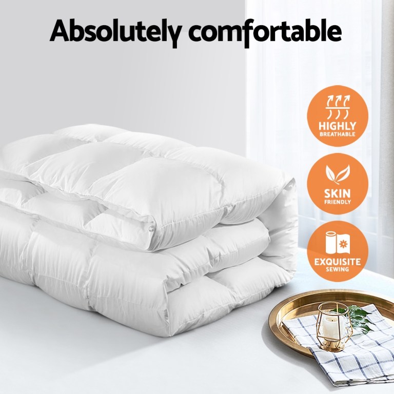giselle bedding 700gsm goose down feather quilt super king Stacked white quilt with comfort feature icons