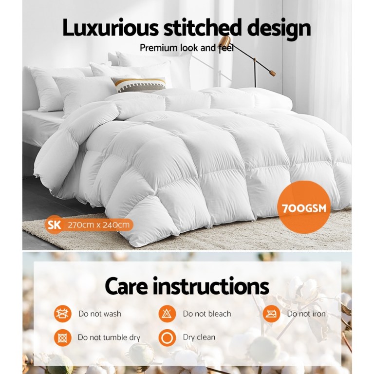 giselle bedding 700gsm goose down feather quilt super king White quilt with stitched design on modern bed