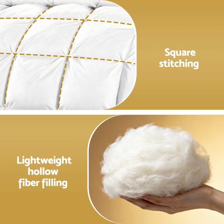 Quilt with square stitching and hollow fibre filling