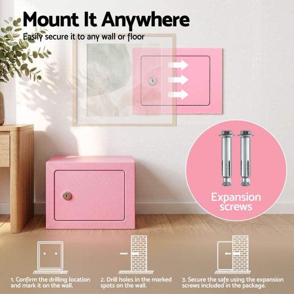 Pink wall-mounted safe with expansion screws