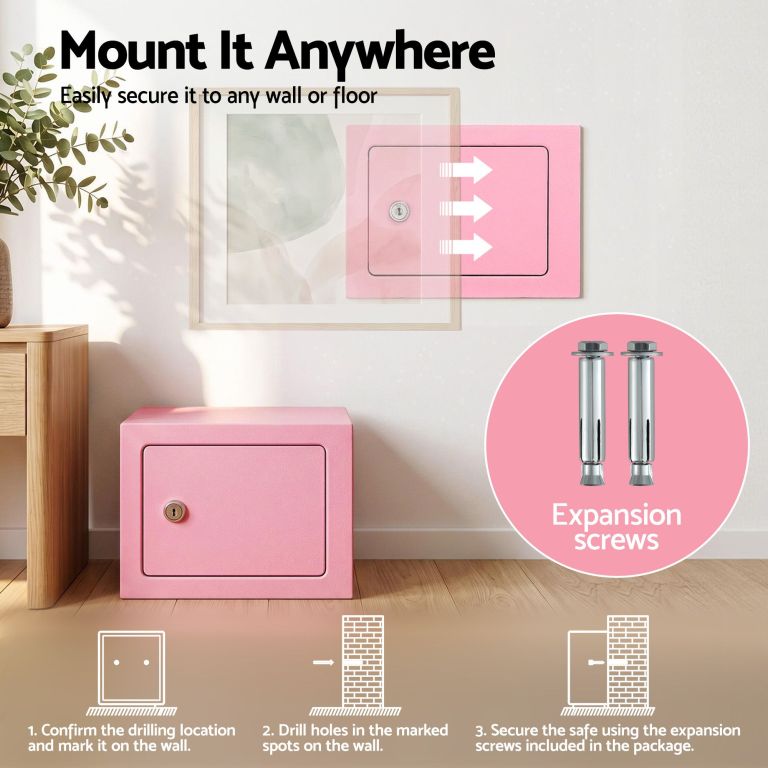 ul tech 6.5l small safe box with key lock for cash mini home security safe pink Pink wall-mounted safe with expansion screws