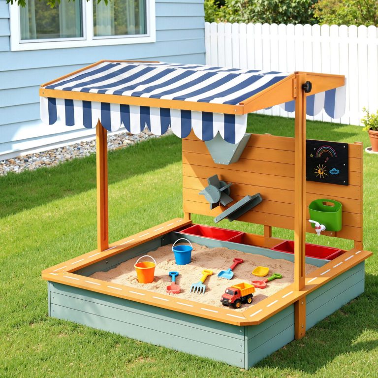 Children’s sandpit with striped canopy in backyard